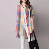 Korean Female Midi Turn-down Collar Plaid Shirt 2023 Fashion Spring Autumn Young Style Single-breasted Long Sleeve Blouse-Outfit