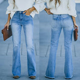 Lumbar Elastic Mid-Rise Micro-Horn Jeans Women High Waist Broad