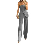 Korean Women Strapless Sleeveless Button Tops Two Piece Sets Sexy Solid Casual Straight Long Pants Set Autumn Slim Fit-Outfit