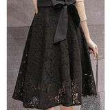 Lady Big Bow High Waist Knee Skirts Women's Summer Clothes New Oversize Fashion A-Line Solid Hollow Out Lace