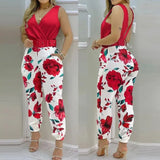Fashion Sleeveless Playsuits With Belt 2024 Spring/Summer New V-neck Backless Printed High Waist Jumpsuit For
