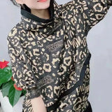 Women's Clothing Streetwear Leopard Stylish Letter Printed Patchwork Thick Warm Turtleneck Pullovers Autumn Winter Loose Tops-Outfit