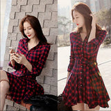 Womens Lady Long Sleeve Ruffles Office Ladies Casual Flannel Plaid Check Button Down Top Layer Shirt Dress-Outfit