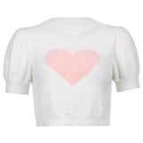 Casual Furry Puff Sleeve Cropped Tshirt Sweat Cute White Summer Knitted T Shirt Women Heart Print Fashion