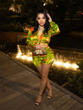 Summer Casual Womens 2 Two Peice Sets Outfits Long Sleeve Buttons Crop Top 2022 Shorts Suits Green Print Matching