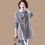 Striped Cotton Long-Sleeved Ladies' Shirt Korean Version Loose Shirt Embroidered Large Size Medium-Length Blouse-Outfit