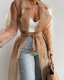 Polo Collar Color Loose Thin Lantern Sleeve Cardigan Mid-length Shirt