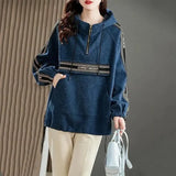 Korean Letter Spliced Pullovers Autumn Winter Women's Clothing Hooded Zipper Chic Drawstring Casual Pockets