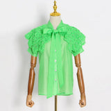 Patchwork Diamonds Shirt For Women Bowknot Collar Short Sleeve Solid Blouses Female Fashion Clothing Style New