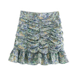 Women Chic Fashion With Ruffled Pleated Printed Mini Skirts Vintage High Waist Back Zipper Female Skirts