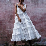 Women's Ruffle Maxi Dress 2021 Retro Ruffles Sleeveless Solid Cake Pleated Dress Pendulum Vacation Loose Strapless