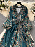 Early Spring New French High-End Style One-Piece Lace-Up Waist Printed Dress Women's Light Extravagant And Elegant Dress-Outfit