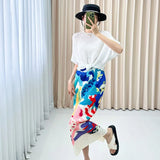 Folded Mermaid Color Print Dress Girl Tight Waist High Wrinkles Straight Midskirt