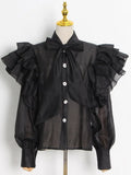 Solid Casual Shirt For Women Bow Collar Butterfly Sleeve Patchwork Buttons Loose Shirts Female 2022 Autumn