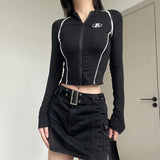 Line Patchwork Zip Up Slim Long Sleeve Tee-Outfit