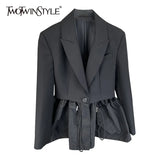 Minimalist Solid Fold Pleated Female Blazer Notched Long Sleeve Loose Waist Patchwork Women's Coat 2021 Autumn