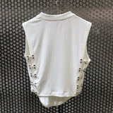White Minimalist Patchwork T-shirt Female Round Neck Sleeveless Korean Fashion Slim Solid T-shirts For Women