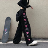 Black Korean Heart Print Pants Cute Girl Harajuku Trousers Female Streetwear Summer Autumn Fashion Gothic Sweatpants