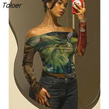 Printed Mesh Sheer Crop Top Womens Summer Off The Shoulder Long Sleeve T Shirts Sexy See Through Streetwear Y2K Tops