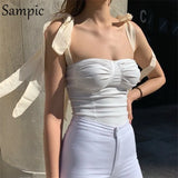 Sexy Women Casual Bandage Mini Vest Crop Tops Strap White Black Summer 2021 Chiffon Ladies Blackless Bustier Tank