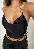 V-neck Solid Satin Metallic Crop