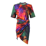 Print Hit Color Two Piece Set For Women O Neck Short Sleeve Tops Ruched Skirts Tie Dye Sets Female Fashion New