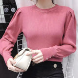 Elegant Puff Sleeve Sweaters Women Autumn Winter Metal Buttons Knitted Pullovers Woman 2023 Solid Color Women's