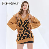 Casual Hollow Out Sweater For Women V Neck Long Sleeve Loose Knitted Tops Female Fashion New Clothing 2022