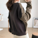 Style Female Irregular Spliced Skew Collar Sweaters Fashion All-match Contrasting Colors Button Loose Knitted
