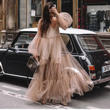 Summer New Women's V-Neck Fashion Bubble Sleeve Mesh Perspective