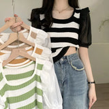 Bump Striped Short-Sleeved Knitted Shirt Women's Thin Summer Design Sense Of Small Unique Special Loose