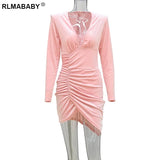 V Neck Long Sleeve Folds Asymmetrical Mini Bodycon Dress Autumn Winter Women Night Club Party Velvet Short Skinny