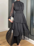 Maxi Dress Women Tier Ruffled Mesh Long Sleeve Long Dress Fashion Autumn New A Line Party Midi Dresses Women Solid-Outfit