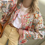 Autumn Winter Pink Flower Print V Collar Quilted Coat Ethnic Women Front Pockets Thin Quilting Full Sleeve Bomber Jacket-Outfit