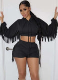 Solid Fringe Tassel Cropped Hoodies and Match Shorts Two Piece