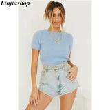 casual women's cropped sweaters short sleeve o neck spring summer outwear woman solid knitted crop
