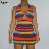 Summer Beach Knitted Halter Bodycon Party Fashion Stripe Dress Women Off Shoulder Chic Hollow Out Mini Short Wrap
