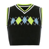 Sweat Cute Y2K Sleeveless Tank Sweater Vest Vintage Argyle Crop Top V Neck Jumper Women Plaid Preppy Style