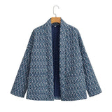 Autumn Winter Blue Geometric Plaid Print V Collar Quilted Coat Ethnic Women Long Sleeve Oversized Jackets Loose Outwear-Outfit