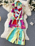 Colorblock Cartoon Print Short Pant 2 Piece Set Women Notched Sleeveless Blazer Jacket + Wide Leg Shorts Set