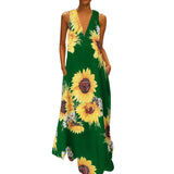 Station New Popular Style Lady's Bohemian Printed Sunflower Dress V-Collar Sleeveless Pocket Summer Dress-Outfit
