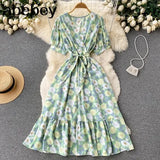 2022 Vintage Floral Print V Neck Bandage Dress Summer Midi Long Party Women High Waist Vestido De Festa Elegant
