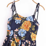 French Style Navy Blue Flower Print Bandage Spaghetti Strap Midi Long Dress Sexy Women Bow Lacing Up Sling Vestido-Outfit