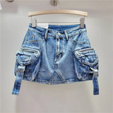 Women's Denim Skirt Solid Color High Waist Wrap Hip 3d Pockets A-line Short Cargo Miniskirt 2024 Summer New Fashion 29L6720-Outfit