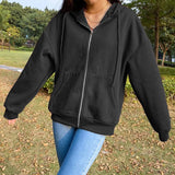 Sweetown Brown New Aesthetic Hoodies Women Vintage Zip Up Sweatshirt Winter Jacket Clothes Pockets Long Sleeve Hooded