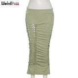 Puss Hollow Out Chic Long Skirt Summer Fashion Skinny Stretchy Low Waist Bottoms Ruched Sexy Slim Wild Clubwear