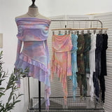 And Spicy Shoulder Dyed Printing Mesh Long-Sleeved Coat Folds Irregular Ribbon T-Shirt