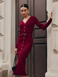 Long-Sleeved Knitted Dress Button-Button Fork 2025 Bag-Button Sweater Cardigan