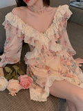 Floral Sexy Dress Women Elegant Party Mini Dresses Female Designer Chic Lace V- Neck Korean Fashion Casual Dress 2022