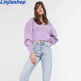 Women Puff Sleeve Knitted Cardigan Elegant Ladies Sweater Tops Female Single Breasted Sweater for Spring